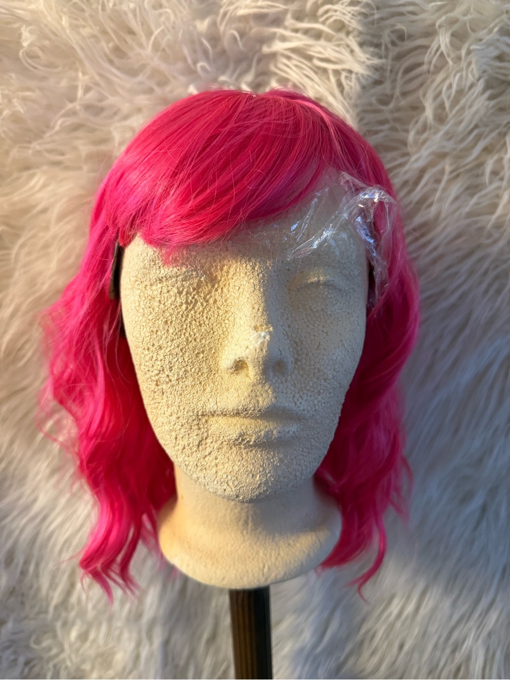Vibrant Pink Synthetic Women's Wig with Soft Waves and Bangs (E7)